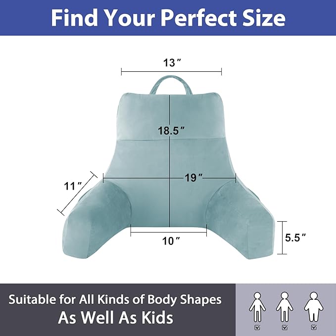Back Pillow for Bed Sitting up, Reading Pillow for Sitting in Bed Adult, Back Support Pillow, Memory Foam Sit up Lounge Backrest Pillow with Arms for TV, Couch, Chair, Dorm, 18 Inch, Lake Blue