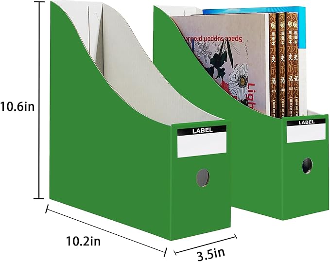 Limitliho 2 Pack Cardboard File Storage Box with Label, Grass Green Book Holder for Classroom,Office,Home,Magazine Organizer for Desk(10.6" H x 10.2" L x 3.5" W in)