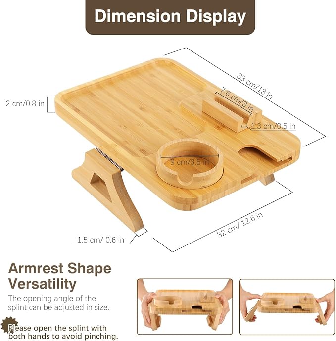 Couch Arm Table, Sofa Arm Tray with 360° Rotating Phone Holder & Cup Holder, Folding Anti-Slip Sofa Arm Table, Bamboo Couch Tray Clip on Side Table for Eating, Snacks, Phone, Remote, Cups