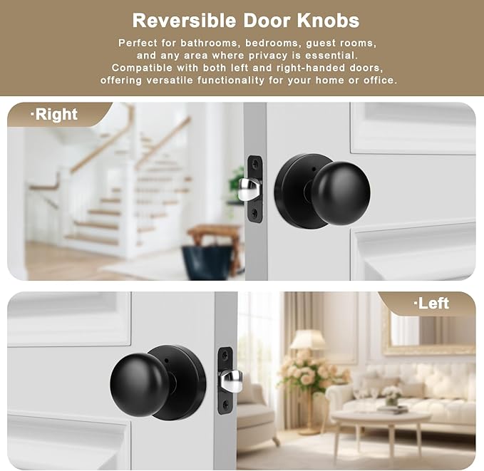 Matte Black Door Knob, Privacy Door Knobs Interior with Push-Button, Vintage Door Knob with Lock for Bedroom and Bathroom, 1 Pack