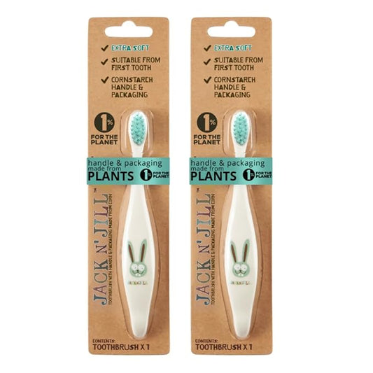 Jack N' Jill Kids Toothbrush - Extra Soft Bristle Toothbrush for Kids, Handle & Packaging Made from Plants (Corn), Ergonomic Handle for Little Hands - Bunny Baby, Toddler, & Kids Toothbrush (2 Pack)