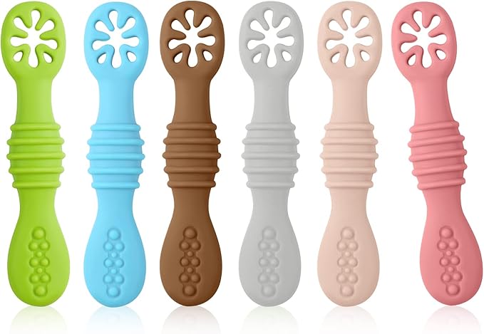 6pcs Silicone Baby Spoons, First Stage Toddler Utensils Baby Led Weaning Spoons BPA Free Baby Chew Spoon Training Spoon Set Toddler Self Feeding Utensils for Baby 6+ Months (6 Colors) Z20010