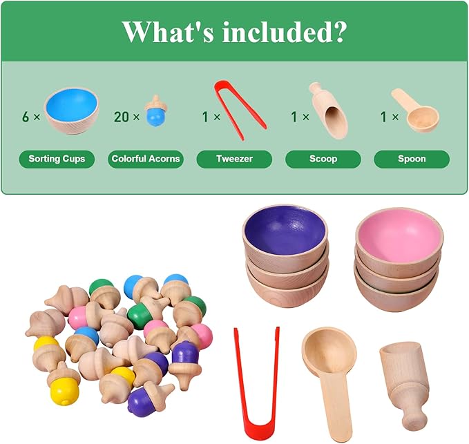WODI Wooden Color Sorting Toys for Toddlers 3+ Rainbow Counting Acorns with Matching Sorting Cups Montessori Toys for 3+ Year Old Preschool Learning Activities for Sensory Training