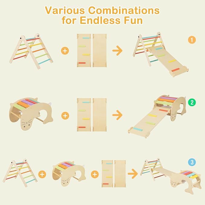 Costzon Climbing Toys for Toddlers, Foldable Montessori Wooden Arch Climber Ladder with Sliding Ramp, Play Table, Multi-Combination Methods, Kids Triangle Climber Play Gym Set for Boys Girls Present