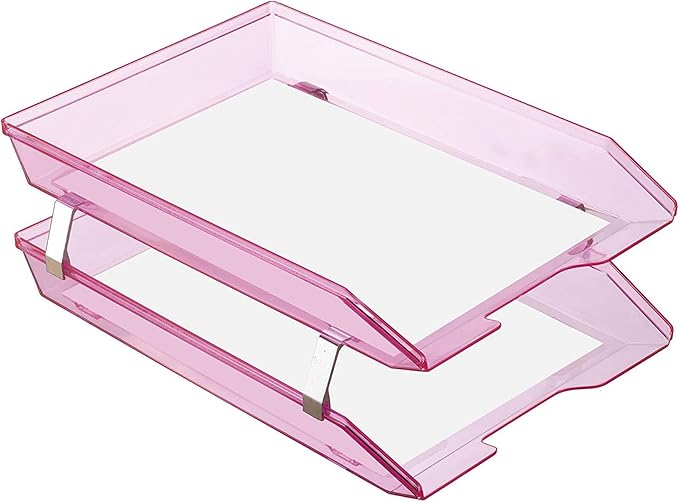 Acrimet Facility 2 Tier Letter Tray, Front Load, Letter Size/A4, Desktop File Organizer, Plastic (Clear Pink Color)