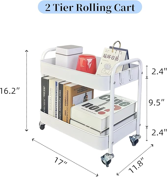 LIWNYRK 2 Tier Metal Rolling Cart with Wheels for Under Desk Storage & Pantry Storage, High Load-Bearing Kitchen Utility Cart for Small Space, Laundry Room Organization Side Table with 4 Hooks, White