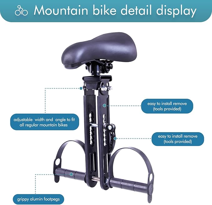 Kids Bike Seat with Handlebar Attachment Detachable Front Mounted Child Bicycle Seats with Foot Pedals for Children 2~5 Years Compatible with All Adult Mountain Bikes