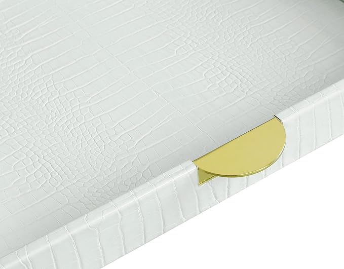 HofferRuffer Faux Leather Decorative Serving Tray, Elegant Coffee Table Ottoman Tray, Breakfast, Drinks, Liquor Serving Platter, White Croco Finish with Gold Hardware Handle (Square)