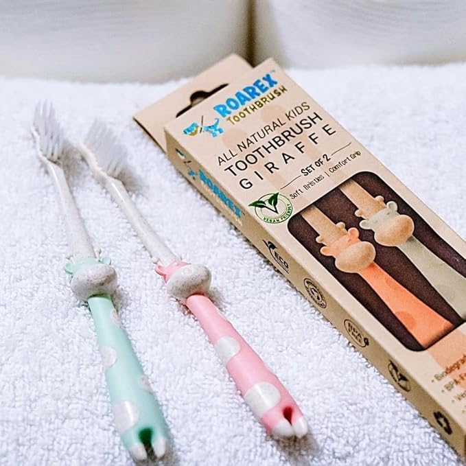ROARex® All-Natural Eco Friendly Kids Toothbrush Made from Plants - Giraffe 4-36m - Baby to Toddler - Mint/Rose - 4pk | 1% for The Planet Product
