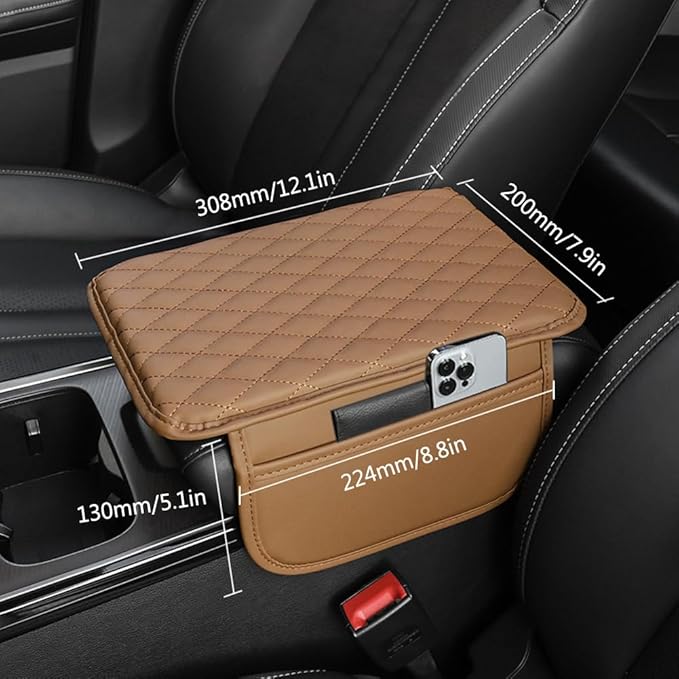 OtpOutopa Car Center Console Armrest Cover, Leather Car Center Console Cover Cushion with 2 Storage Bags, Universal Center Console Pad Car Armrest Lids Storage Box Auto Interior Accessories (Brown)