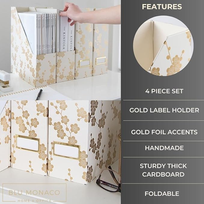 BLU MONACO | Set of 4 Foldable Magazine Storage Boxes with Gold Floral Pattern | Decorative Vertical File Organizers with Gold Label Holders for Desk, Shelves & Home Office