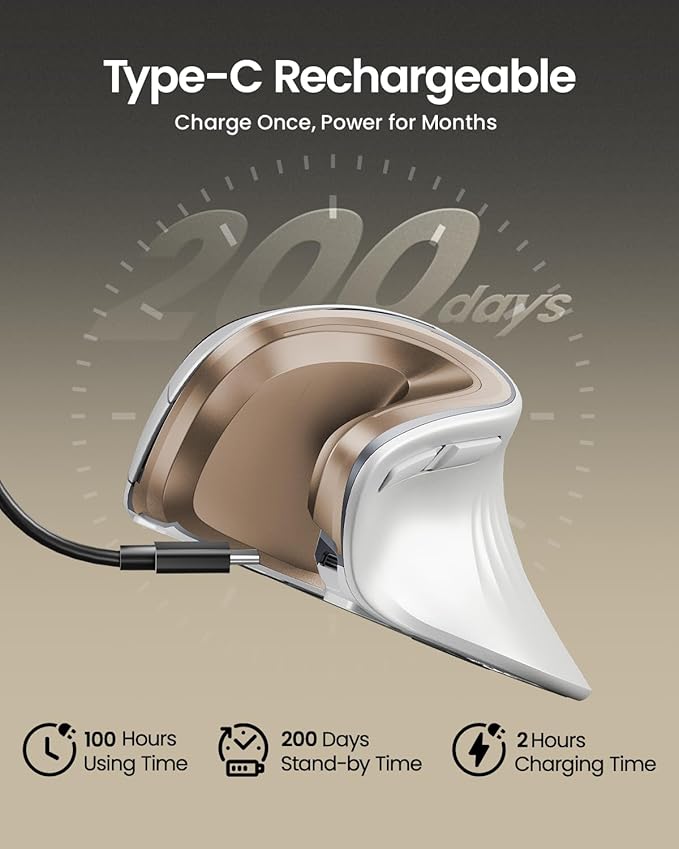 ProtoArc Ergonomic Mouse, EM11 NL Bluetooth Rechargeable Wireless Vertical Mouse, 3 Multi-Device Connectivity for Computer/PC/Laptop, 2.4GHz Optical Mice for Windows, Mac OS, White Gold