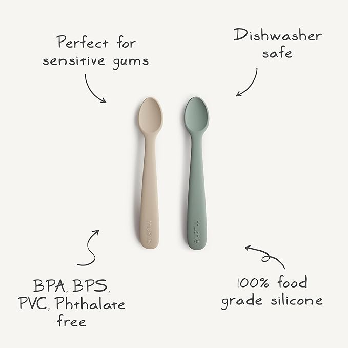 mushie Silicone Baby Feeding Spoons | 2 Pack (Blush/Shifting Sand)