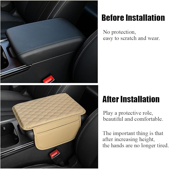 OtpOutopa Car Center Console Armrest Cover, Leather Car Center Console Cover Cushion with 2 Storage Bags, Universal Center Console Pad Car Armrest Lids Storage Box Auto Interior Accessories (Beige)