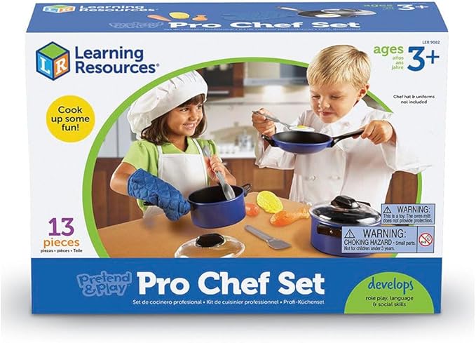 Learning Resources Pretend & Play Pro Chef Set, Kitchen Toys for Kids, Pretend Kitchen, Pots and Pans for Kids, 13 Pieces, Ages 3+