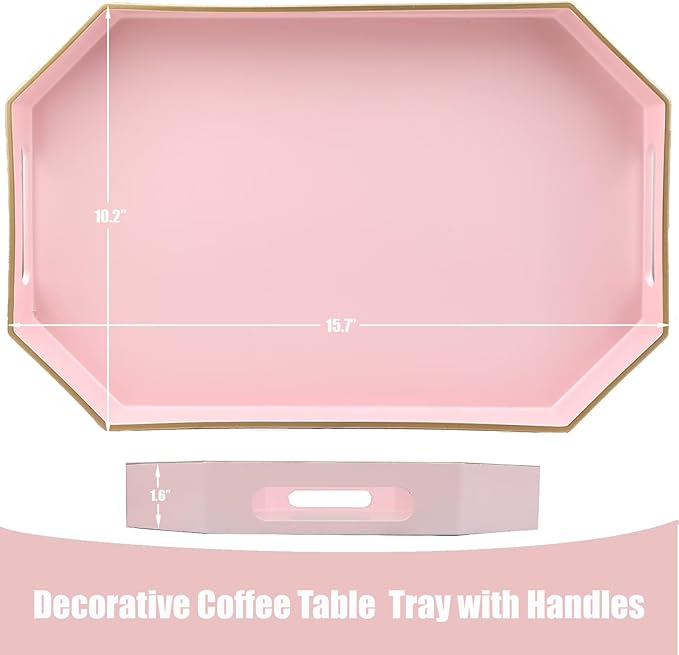 Omuriko Pink Decorative Tray with Handles, Versatile Serving Tray for Coffee Table, Ottoman, Ideal for Serving, Displaying, Organizing, 15.7"*10.2"*1.57"