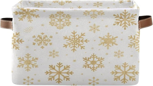 Collapsible Fabric Storage Bins with Handles Gold Snowflakes Fabric Closet Organizers and Storage Baskets with Metal Frame, Storage Basket for Shelves, Laundry, Office 1 Pack