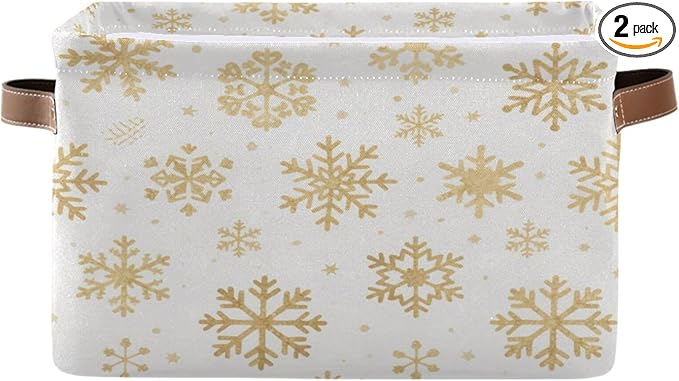 Collapsible Fabric Storage Bins with Handles Gold Snowflakes Fabric Closet Organizers and Storage Baskets with Metal Frame, Storage Basket for Shelves, Laundry, Office 2 Pack