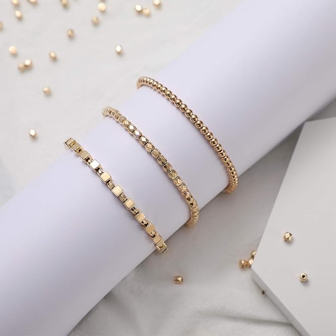 3000 Pieces Assorted Spacer Beads Include 1500 Faceted Rondelle Cube Column, 900 Round Ball, 600 Square Charm Loose Spacer Bead for DIY Jewelry (Gold, Sliver, Rose Gold)