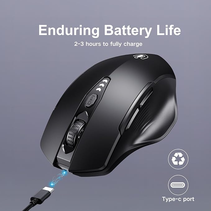 Uineer Wireless Bluetooth Mouse,[Upgraded] Rechargeable (BT 5.0/4.0+2.4G Hz),Computer Mouse with Visible Battery Level, 4 Adjustable DPI, Portable PC Mouse for MacBook Chromebook,Black