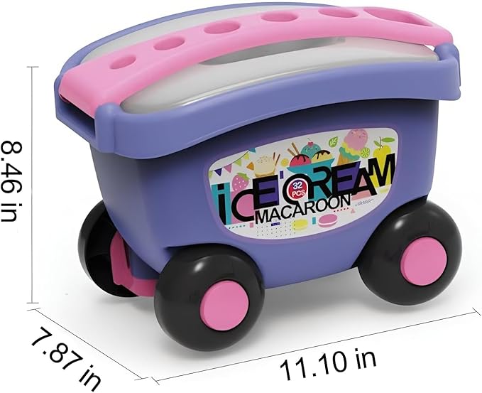 32 PCS Ice Cream Cart Toys for Toddlers, Kids Pretend Play Food Scoop & Serve Macaroon Dessert Set, Kitchen Accessories Icecream Shop Wagon