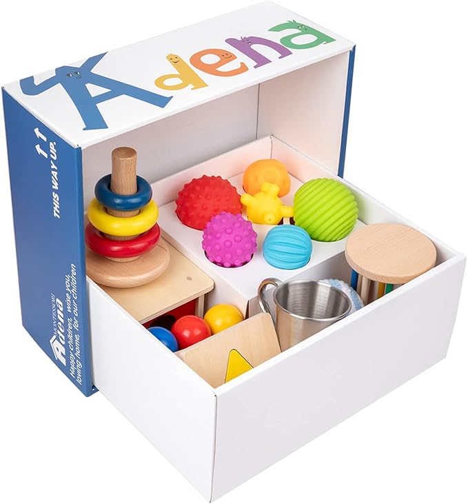 Adena Montessori Play Kit for 7-8 Months Baby,9 in 1 Learning Educational Toys for Toddler,Include Object Permanence Box,Different Balls,Shape Puzzles and More,Christmas Birthday Gift for Boys Girl