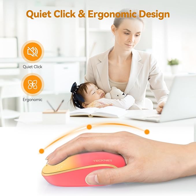 TECKNET Wireless Mouse, 2.4G Quiet Computer Mouse with USB Receiver, 4 Buttons Portable Cordless Mice for Chromebook, Laptop, PC, Mac, 800/1200/1600 DPI - Red-Pink Gradient