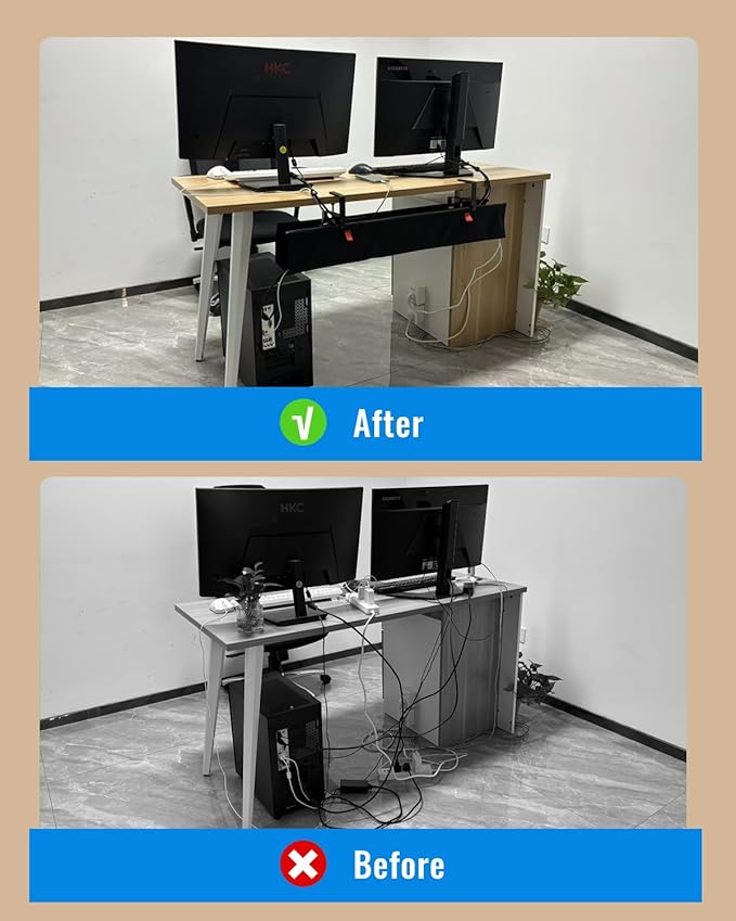 28" No Drill Under Desk Cable Management Tray - Upgraded Oxford Fabric with Cable Loop, No Damage to Table for Standing Desks and Home Office (Regular (28 Inch))