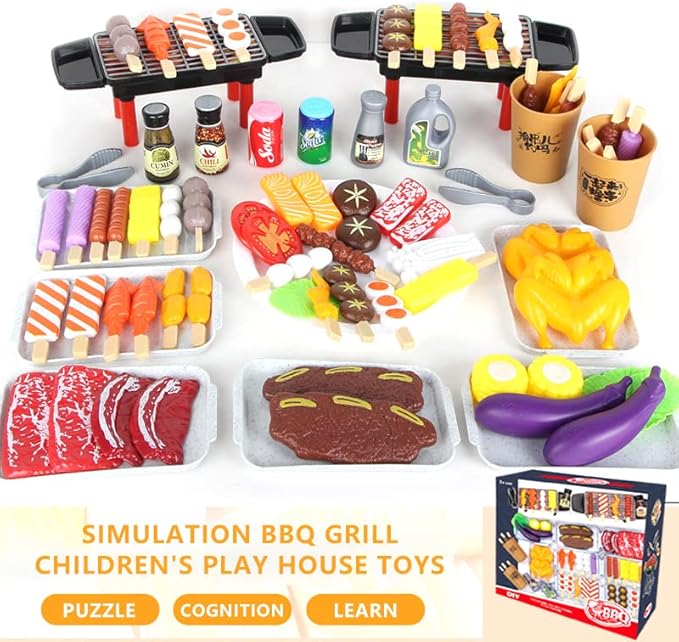 80 PCS BBQ Grill Playset Toy Barbecue Kitchen Cooking Playset, Interactive Grill Play Food BBQ Accessories Set for Girls Boys Toddler Play Cooking Set for Toddlers 1-3 Cooking Toys for Kids Ages 4-8
