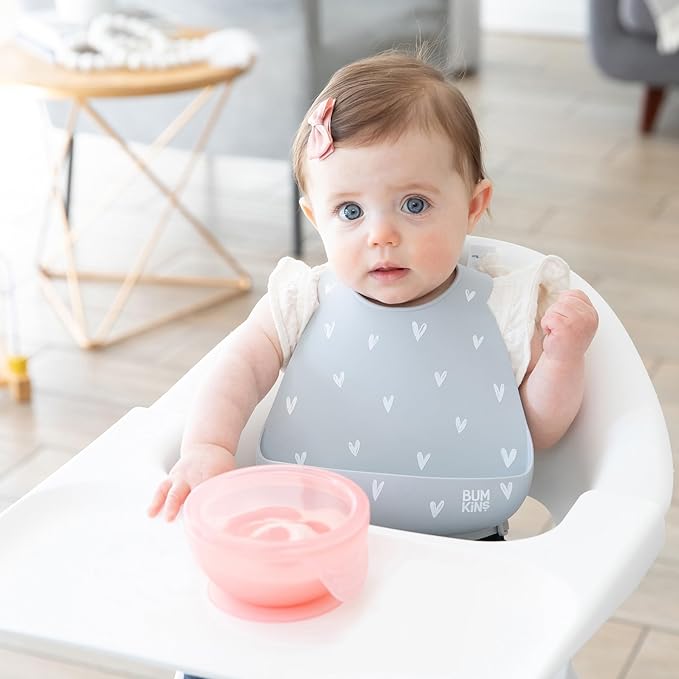 Bumkins Baby Bowl, Silicone Feeding Set with Suction for Baby and Toddler, Includes Spoon and Lid, First Feeding Set, Training Essentials for Baby Led Weaning for Babies 4 Months Up, Pink Jelly