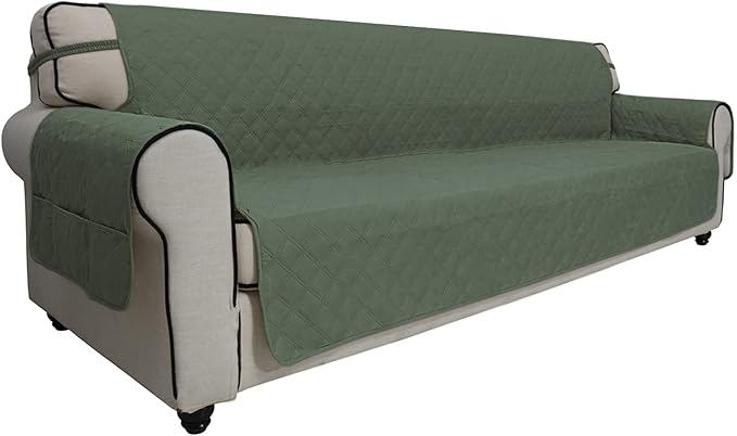Easy-Going Sofa Slipcover Waterproof Sofa Cover Couch Cover for 4 Cushion Couch with Elastic Straps Washable Non-Slip Furniture Protector Cover for Pets, Dogs, Cat (XX-Large, Greyish Green)