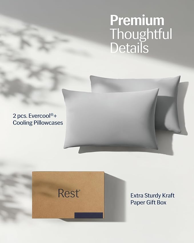 REST® Evercool®+ Cooling Pillowcases Standard - 2 Pillowcases for Sensitive Skin, Silver Infused Fabric for Hygienic Sleep, Silky Smooth for Curly Hair, High Elastic for Snug Fit (19x29 inches)