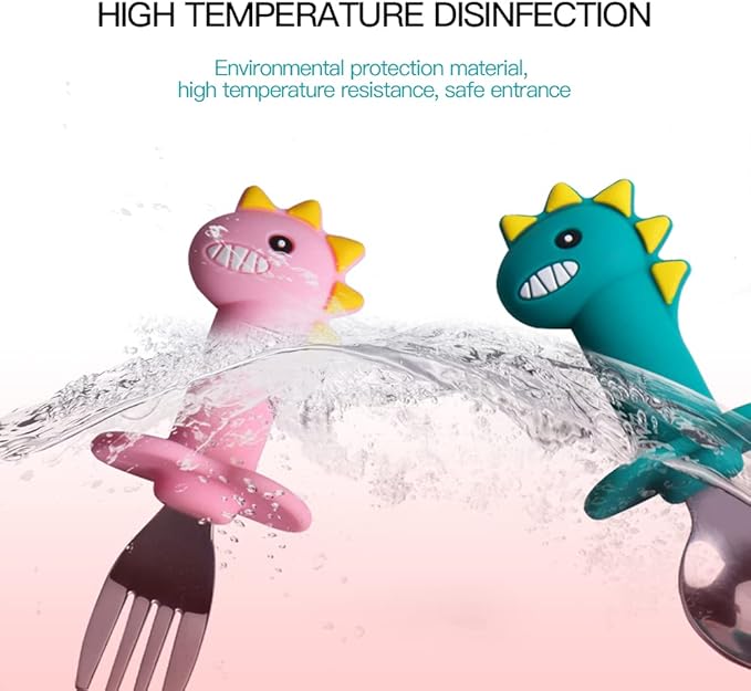 Toddler Utensils Stainless Steel Forks and Spoons Safe Children's Cutlery Set Handle Cartoon Cute for Baby (Green Dinosaur - Short)