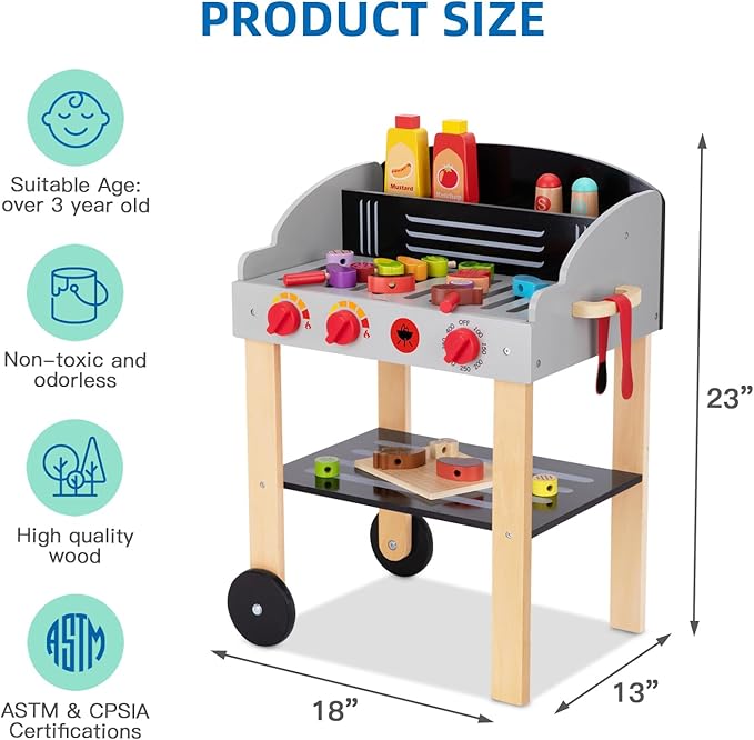 Kids Grill Playset Wooden Barbecue Toy Grill with Play Food Toy and Grilling Tools, Play Kitchen Accessories for Toddlers Age 3+