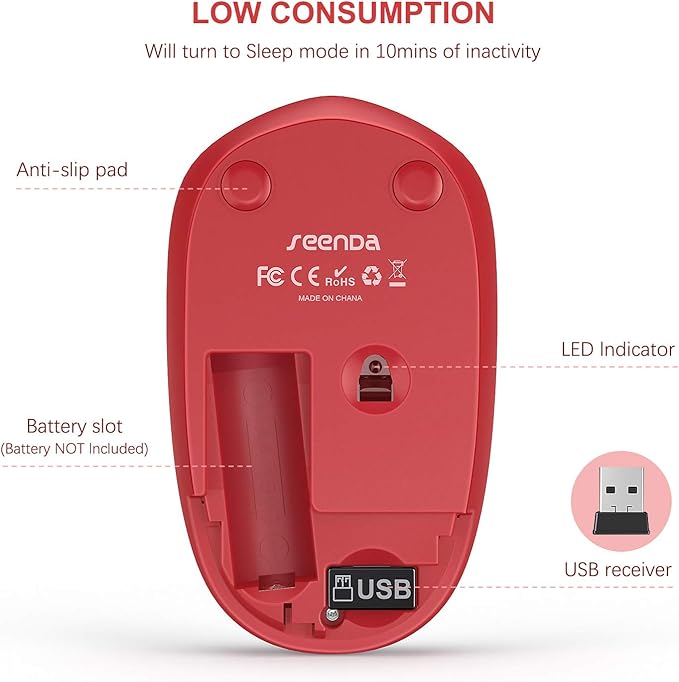 seenda Wireless Mouse, 2.4G Noiseless Mouse with USB Receiver Portable Computer Mice for Windows PC, Notebook, Laptop - Red