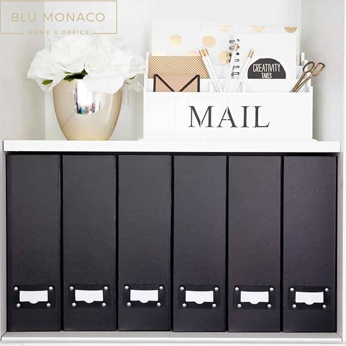 BLU MONACO Foldable Black Magazine File Holder – Set of 6 | Cardboard Desk File Organizer Boxes with Leather Label Holders | Vertical Magazine Storage for Office, Classroom & Home