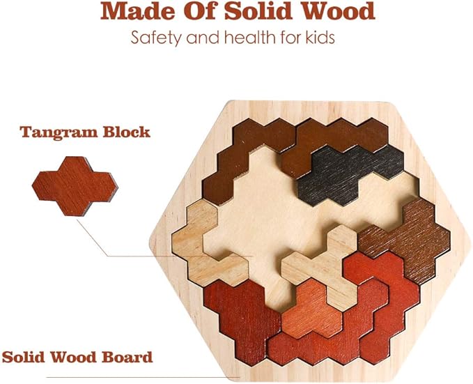 Skrtuan Wooden Hexagon Puzzle for Kids & Adults, Montessori STEM Educational Toy with Colorful Shapes, Logic IQ Brain Teaser Game for All Ages, Geometry Tangram Gift