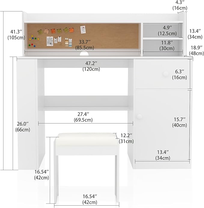JMMD Kids Desk and Chair Set with Hutch, Wooden Student's Study Desk with Storage Cabinet and Drawer, Children Computer Writing Table for Girls Boys 8-12 Years, White