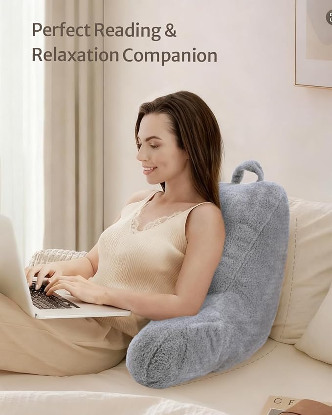 Blissful Diary Plush Velvet Reading Pillow for Kids/Teens/Adults, Back Rest Pillow for Sitting Up in Bed with Shredded Memory Foam, Includes Arms and Washable Cover, Light Gray