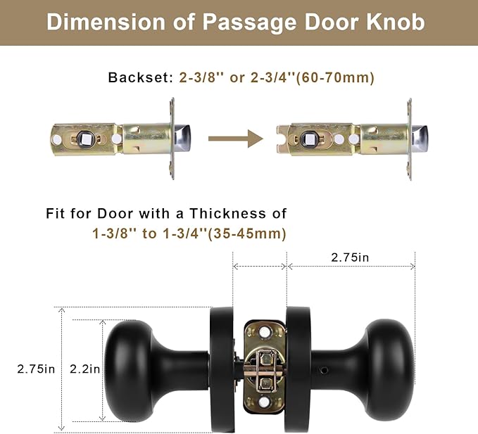 Passage Interior Door Knobs, Matte Black Door Knob for Hall and Kitchen, No-Locking Vintage Round Design Door Handle, Zinc Alloy 1 Pack