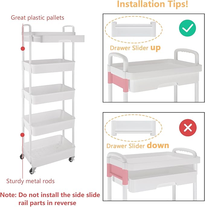Calmootey 5-Tier Rolling Utility Cart with Drawer,Multifunctional Storage Organizer with Plastic Shelf & Metal Wheels,Storage Cart for Kitchen,Bathroom,Living Room,Office,White