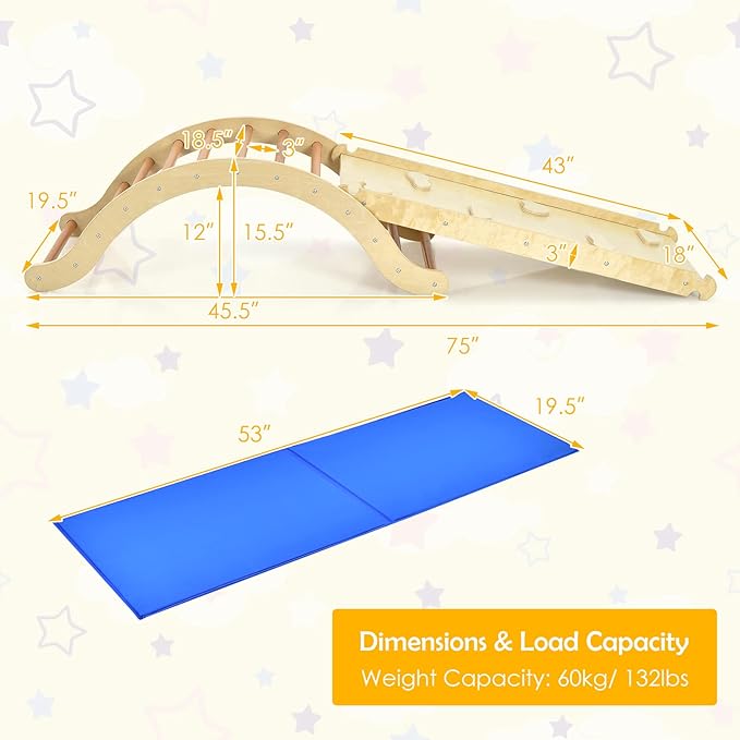 Costzon Climbing Toys for Toddlers, 3-in-1 Montessori Wooden Arch Climber Ladder Structure with Rock Climbing Ramp/Padding, Indoor Gym Learning Playset, Playground for Kids Gift