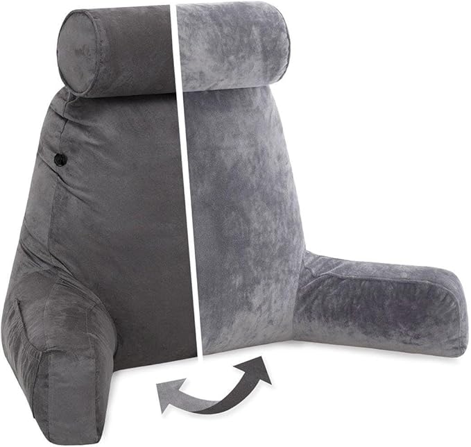 Husband Pillow XXL Aspen Edition, Adult Reading Sit Up Bed Rest Pillow for Bed with Arms & Neck Roll on Bungee Cord - Premium Memory Foam - Reversible 2 Sided Cover Micro Suede or Plush, Iron Grey