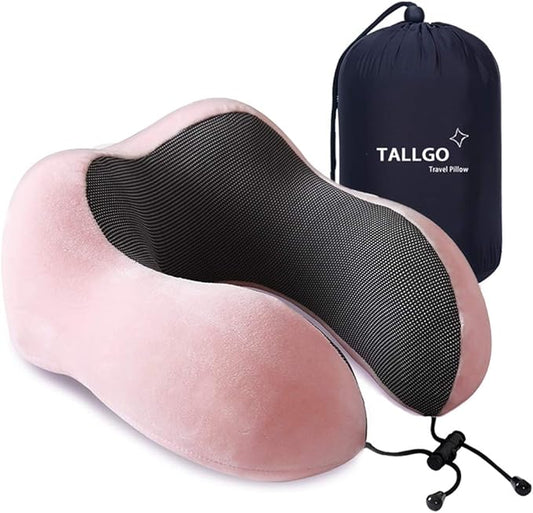 TALLGO Travel Pillow, Best Memory Foam Neck Pillow Head Support Soft Pillow for Sleeping Rest, Airplane Car & Home Use (Pink)
