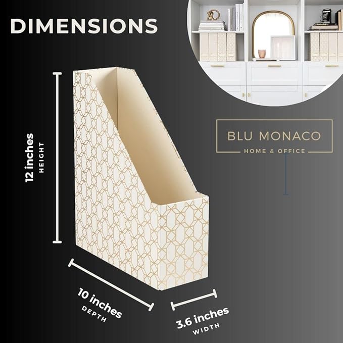 BLU MONACO | Cardboard Magazine File Holder Set of 4 | Vertical Magazine File Holder for Desk and Shelves | Cream Gold Foldable Magazine Holders with Label Slots