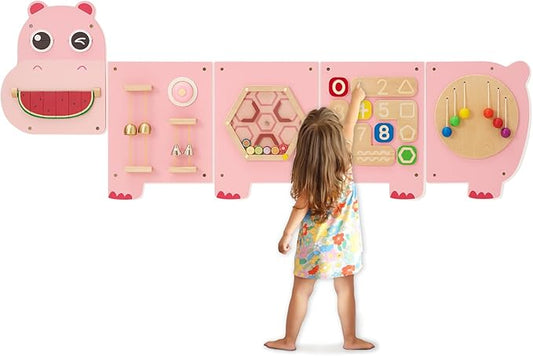 Monläurd® Hippo Montessori Educational Activity Cube, Sensory Wall Toys for Daycare and Playroom Furniture, Interactive Wooden Learning Toys for Boys and Girls 6M+
