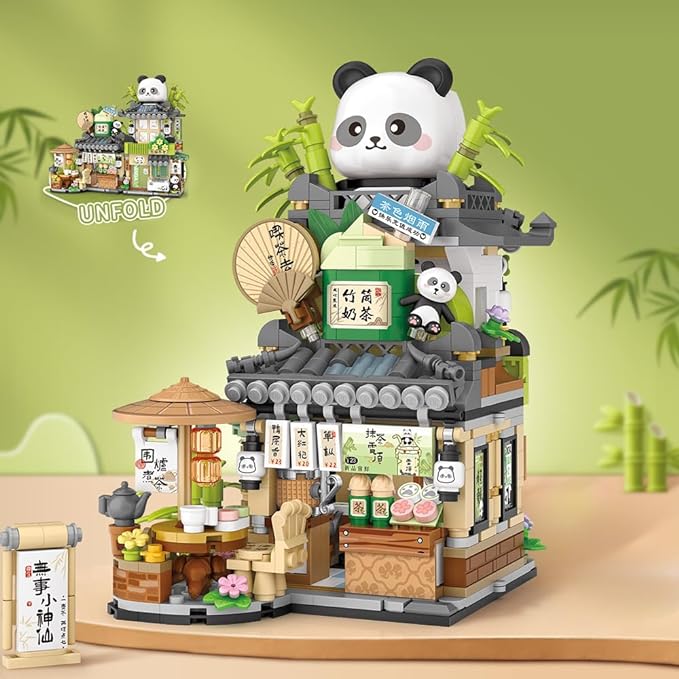 City Tea House Building Blocks Set, Openable Panda Construction Tea Shop Building Toys for Boys Girls Age 8+, 860pcs Mini Bricks (Not Compatible with Lego)