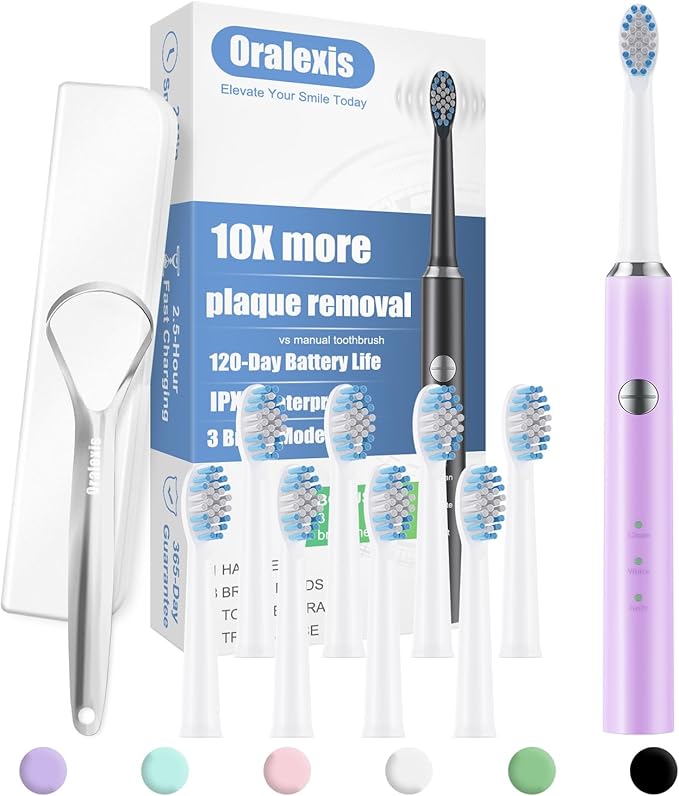 Electric Toothbrush for Adults and Kids, with Tongue Scraper and 8 Brush Heads, One Fast Charge Last 120 Days, 40000 VPM Deep Clean, Sonic Travel Toothbrush - Purple