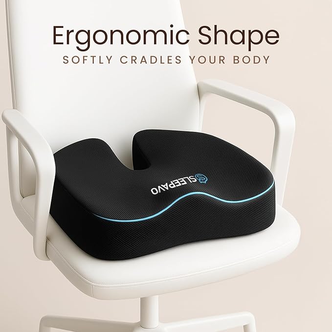 Sleepavo Office Chair Cushion - Seat Cushion for Tailbone Pain Relief - Butt Pillow for Coccyx, Sciatica, and Lower Back Pain - Orthopedic Chair Pad for Lumbar Support in Office Desk, Car, Airplane