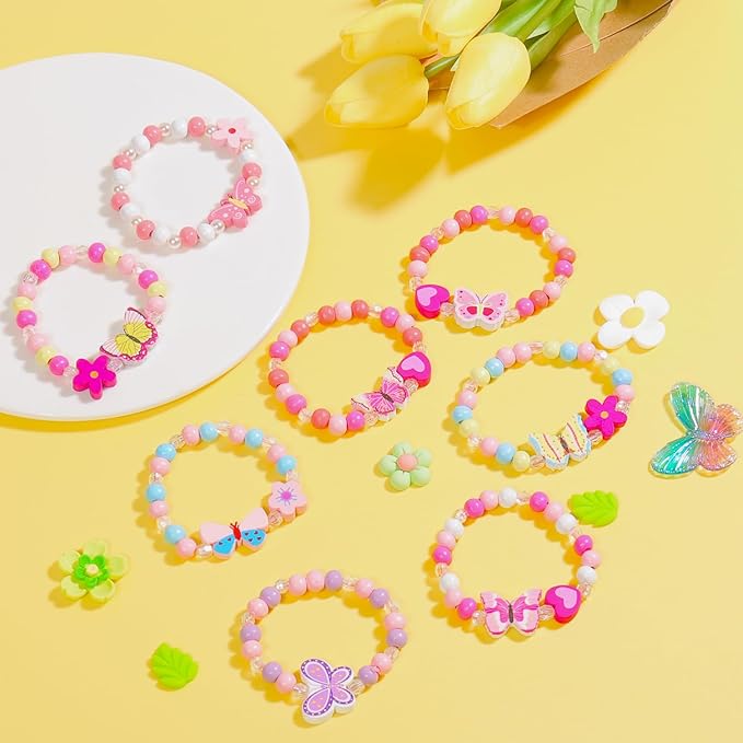 Butterfly Bracelets for Kids Girls - Princess Birthday Gifts Party Favors Goodies Bag Stuffers Fillers, Wooden Beaded Play Jewelry Bracelets Cute Butterflies Flowers Pendants